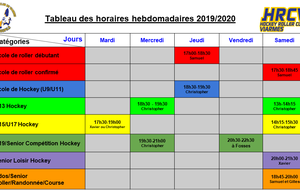 Horaires d’entraînements hebdomadaires 2019-2020