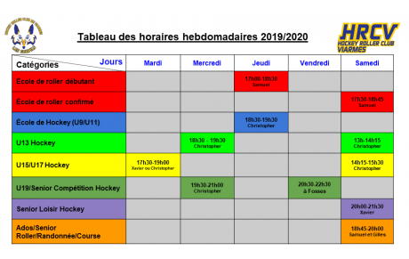 Horaires d’entraînements hebdomadaires 2019-2020